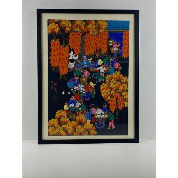 Asian Chinese Folk Art Gouache Chicken Farm Painting Stamped Signed Framed